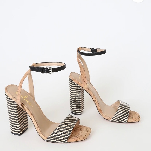 LULUS - Black Woven Cork Ankle Strap Heels - Picture 1 of 3